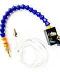 Mist coolant spray system for milling machines with blue coiled hose, metal nozzle, clear tubing, mounting block.