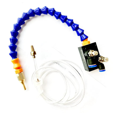 Mist coolant spray system for milling machines with blue coiled hose, metal nozzle, clear tubing, mounting block.