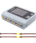 Four Port RC Battery Charger With 4X50W Output For LiPo 1 To 4S, AC DC Smart Balance Charger shown with XT60 and XT30 adapters