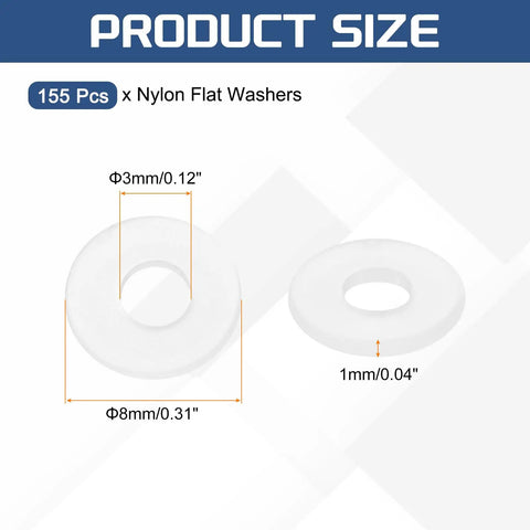 Premium M3 Nylon Flat Washers 155 Pack White Plastic details showing 3mm ID, 8mm OD, and 1mm thickness for screws and bolts.
