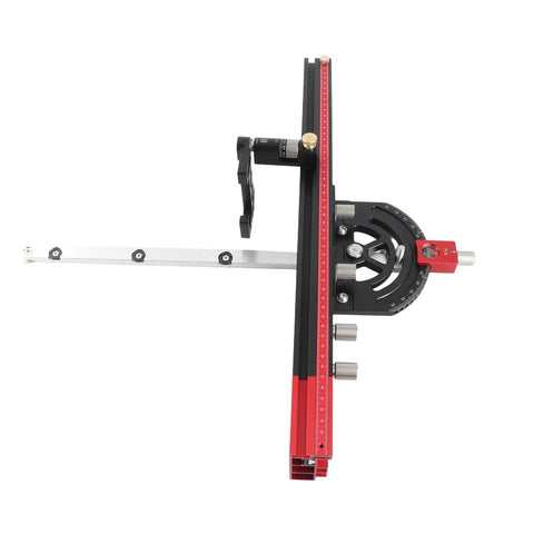Heavy Duty Table Saw Miter Guide With 13 Positive Angle Stops And Smooth Gliding Track For Dead On Cuts Adjustable From Minus Sixty To Plus Sixty Degrees, detailed view with adjustable angles and aluminum track.