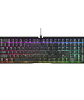 Badass Wired Gaming Keyboard Featuring Rock Solid Aluminum Chassis And Ultra Smooth Mx2A Brown Switches For Next Level Action And Glowing RGB Backlighting In A Certified Renewed Bundle That Truly Slaps For Dedication. Top view of RGB backlit aluminum gaming keyboard.