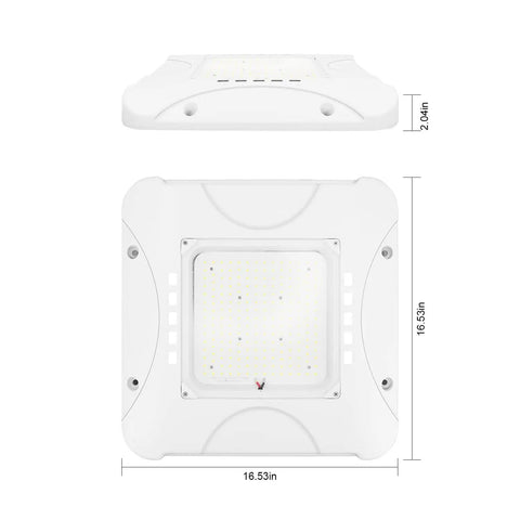 Top view of 150W LED Canopy Light, 20250 LM, 5000K Daylight White, 100-277VAC, DLC Qualified and ETL Listed with dimensions
