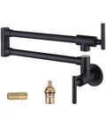 Slick Matte Black Brass Pot Filler Faucet Rock Solid Wall Mount Kitchen Cooktop Tap with dual swing arms and components.