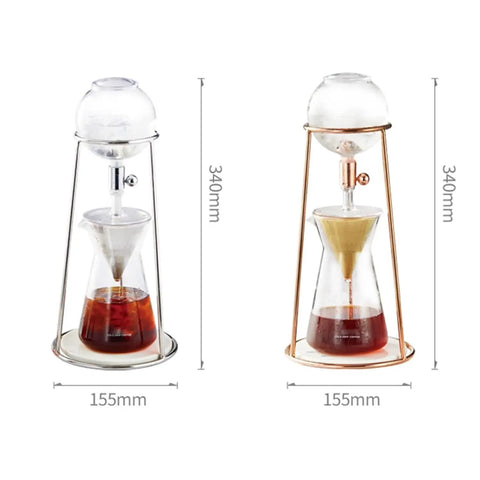 True Game Changer Ice Cold Brew Coffee Dripper Tower with adjustable flow valve and glass carafe, displaying two styles.