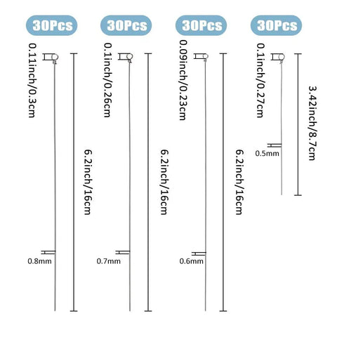 Diagram of 120 Stainless Steel Wire Spinner Shafts For Fishing Lures, showing 4 styles, lengths from 8.7 to 16 cm, and dimensions.