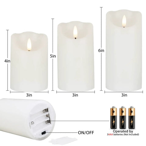 Flameless Candles With Remote Set Of 3 Battery Operated Wax LED Flickering Pillar Candles White With Timer sizes 4, 5, 6 inches.