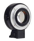 Close-up of 0.71x Focal Length Reducer Speed Booster for Nikon F to Sony E mount, showing metal adapter ring, enhancing lens use.