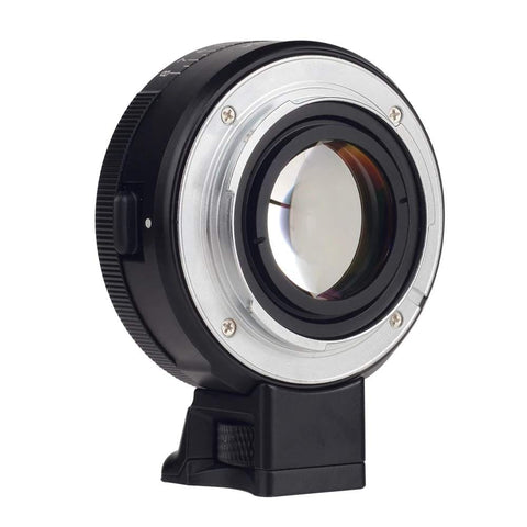 Close-up of 0.71x Focal Length Reducer Speed Booster for Nikon F to Sony E mount, showing metal adapter ring, enhancing lens use.