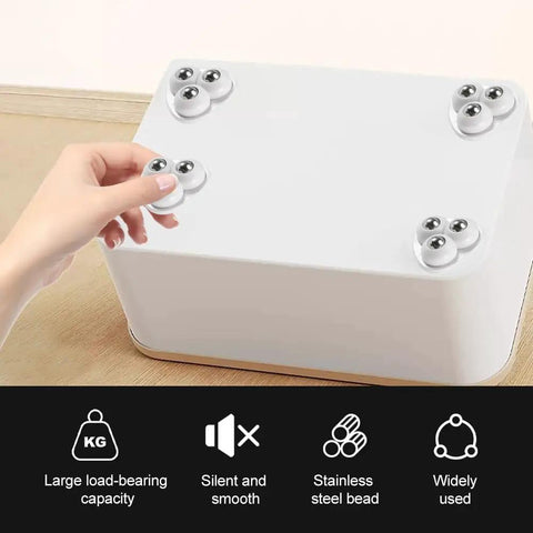 No Sweat Self Adhesive Mini Caster Wheels Pack Of Twelve on a white storage bin, showcasing smooth glide and stainless steel beads.