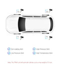 XTRONS car TPMS sensor system with four sensors around wheels; top view of white sedan.