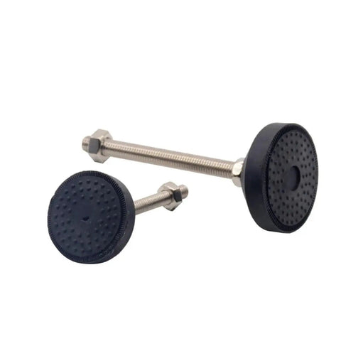 Rock Solid Heavy Duty Nylon Adjustable Leveling Feet With Swivel Base And Universal Thread Sizes For Furniture Or Equipment Support Built Like A Tank, showing two sizes with rubber bases.