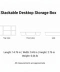 Stackable Desktop Storage Box with Grid Dividers, Durable PP Plastic, Top, Front, Side Views, 14.8 x 9.4 x 2.8 Inches