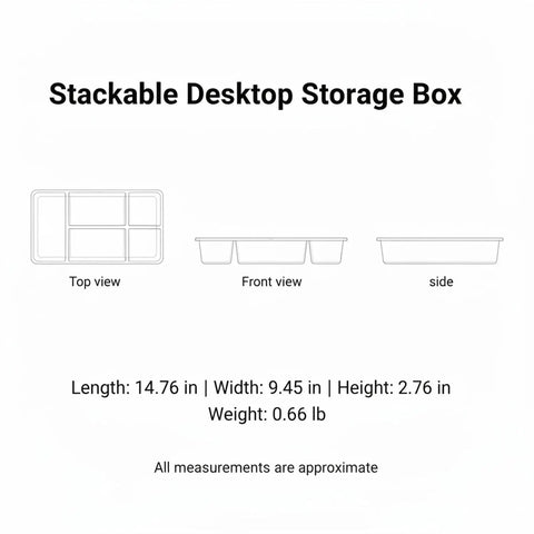 Stackable Desktop Storage Box with Grid Dividers, Durable PP Plastic, Top, Front, Side Views, 14.8 x 9.4 x 2.8 Inches