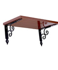 Heavy Duty L Shape Wall Mount Shelf Brackets With Screws Built Like A Tank Rock Solid Floating Shelf Support Smooth Iron Corner Bracket For Garage Or Home Black 11Point4 Inch Pack, showcasing a wooden shelf supported by decorative black iron brackets.