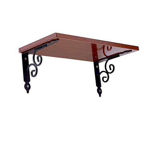 Heavy Duty L Shape Wall Mount Shelf Brackets With Screws Built Like A Tank Rock Solid Floating Shelf Support Smooth Iron Corner Bracket For Garage Or Home Black 11Point4 Inch Pack, showcasing a wooden shelf supported by decorative black iron brackets.