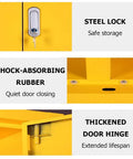 Built Tough As Nails Steel Fire Extinguisher Cabinet Floor Stand Lockable Safety Enclosure With Clear Glass Door Sweet Red Finish features a steel lock, shock-absorbing rubber, and thickened door hinge.