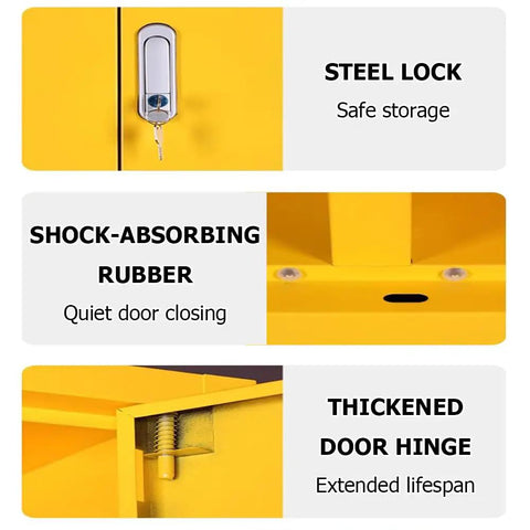 Built Tough As Nails Steel Fire Extinguisher Cabinet Floor Stand Lockable Safety Enclosure With Clear Glass Door Sweet Red Finish features a steel lock, shock-absorbing rubber, and thickened door hinge.