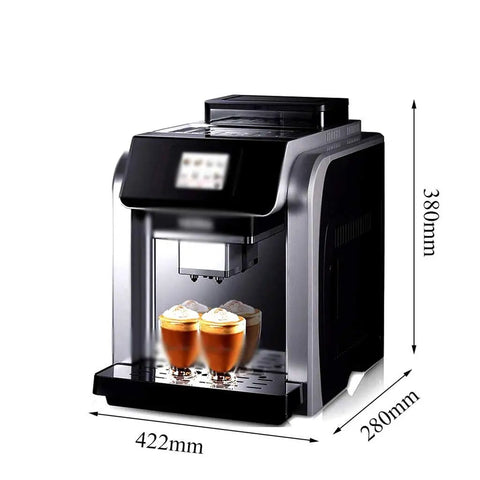 Fully Automatic Espresso Machine With Built In Grinder Double Boiler One Touch Operation Heavy Duty Silver Finish, brewing two drinks.