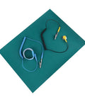 Anti Static Mat Set With Wrist Strap And Grounding Wire For Electronics Repair ESD Protection, teal mat and cables on display