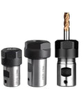 Three ER collet chucks in various sizes for CNC machines, precision steel, enhancing cutting performance.