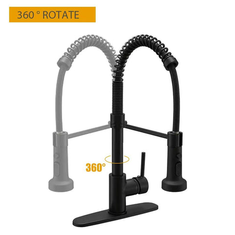 Matte Black Kitchen Faucet With Three Function Sprayer Head, High Arc Spout, 360 Degree Swivel, Single Handle, Brass Construction, 10 Inch Deck Plate