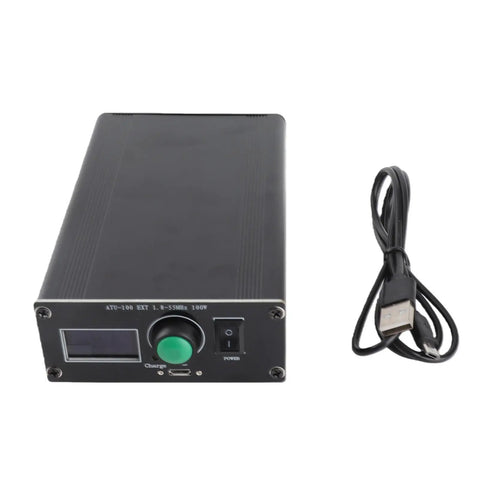 Front view of Auto Tuner For Ham Radio with 1.8 To 55 MHz Range, 0.96 Inch OLED Display, metal housing, and power cable.
