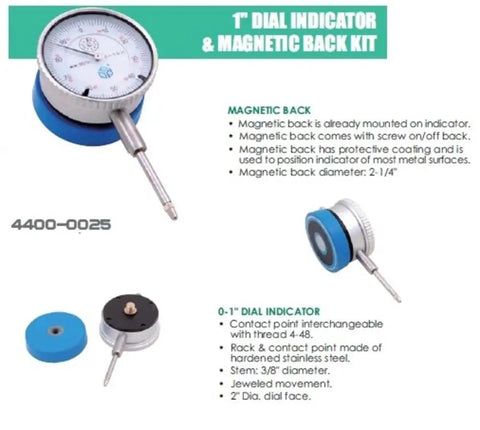 Workhorse 1 Inch Dial Indicator With Magnetic Back Set For Precision Measurement, 2 Inch Dial Face, Interchangeable Stainless Steel 4-48 Thread Contact Point.