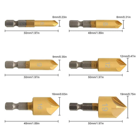7 Piece Countersink Drill Bit Set With Quick Change Hex Shank For Wood Pro Grade High Speed Steel 90 Degree Center Punch