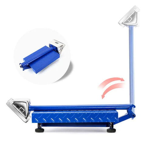 Heavy Duty Digital Floor Scale Waterproof Packing Workhorse For Shipping And Luggage Dead Nuts Accurate Up To Six Hundred Sixty Pounds Foldable Weighing Platform showing metal deck in blue.