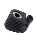 Solenoid valve coil, front view, black ribbed plastic housing with metal center bore