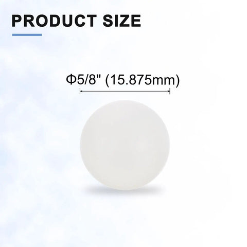 Close-up view of 5/8 inch (15.875mm) solid white polypropylene bearing ball for precise rolling, part of 20 Pack PP Plastic Bearing Balls.