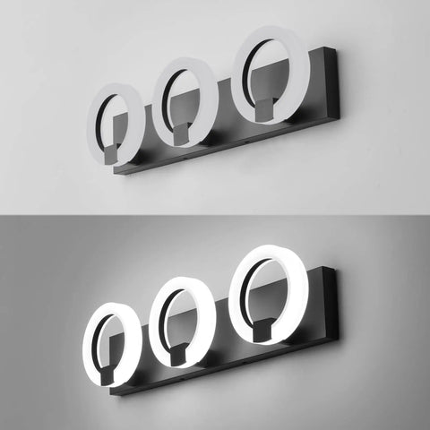 Dimmable Three Light LED Vanity Light For Bathroom Wall Mount Over Mirror In Black Base Dope Modern Metal Fixture With Durable Acrylic Shade Energy Saving 18W LED Humidity Resistant Design Soft Even Glow