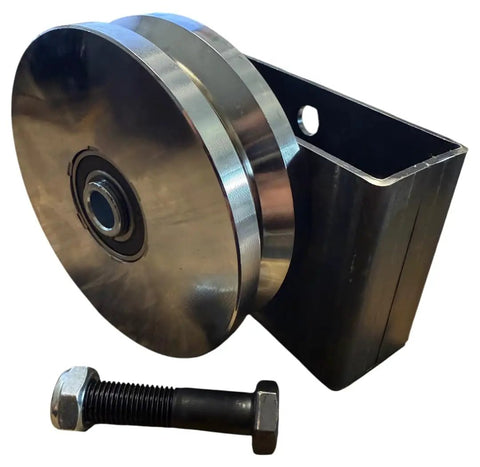 6 In Chrome Plated Steel V Groove Wheel With Box Mount Featuring A Smooth 5/8 In Axle And Rugged As Nails 3000 Lb Load Capacity Built Tough For Daily Industrial Grind. Close-up of wheel assembly and bolt.