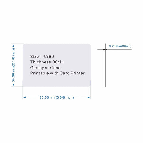 Diagram of 50 Pack RFID Smart Cards For Easy Access Control And Hotel Doors MIFARE Classic 1K 13 56MHz 14443A showing dimensions.
