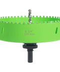 Front view of a green 6-1/4 inch carbide grit hole saw with center drill bit and arbor