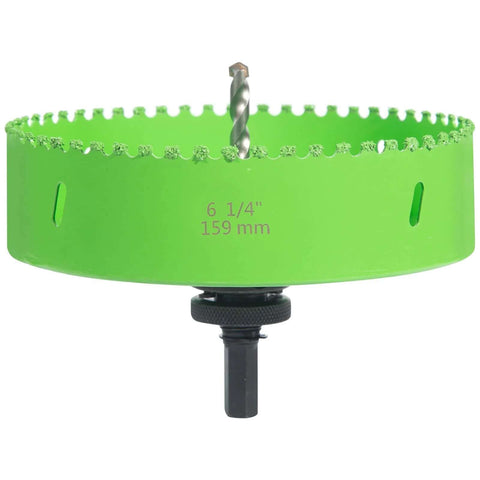 Front view of a green 6-1/4 inch carbide grit hole saw with center drill bit and arbor