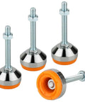 Bulletproof Heavy Duty Adjustable Leveling Feet For Machinery And Cabinets M10 Thread 1100 Lb Capacity Four Pack, chrome and orange rubber mounts.