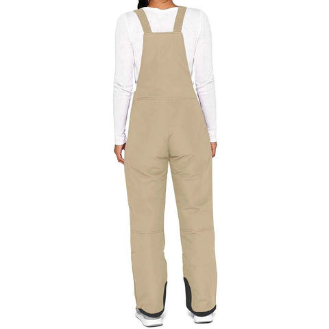 Back view of beige Women's Sleeveless Ski Bibs Snow Pants For Winter Cozy Fit Lightweight Breathable Polyester With Spandex Adjustable Straps