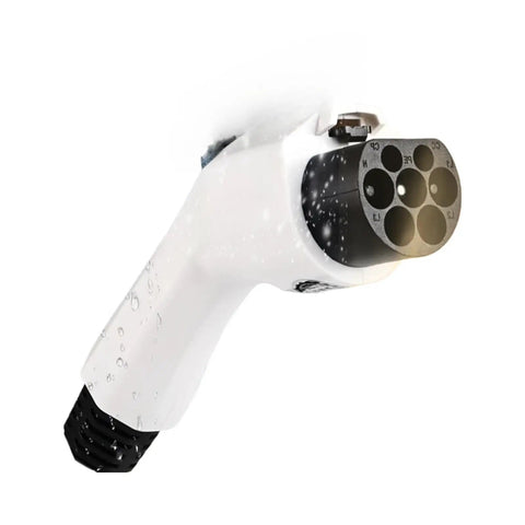 Portable Electric Vehicle Charger 3.5 Kw Evse Wall Box Level 2 Gbt Plug close-up of charging nozzle with water droplets.