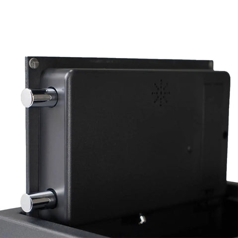 Slick Hidden Drawer Safe With Electronic Lock And Backup Key For Desk Or Nightstand Built Tough From Solid Steel Construction showing locking mechanism.