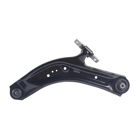 Front view of black lower control arm with ball joint for Nissan Rogue, Rogue Sport, Qashqai, Beefed Up Replacement K623110 K623111.