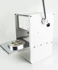 Side view of Manual Cup Sealing Machine For Coffee Capsules Commercial Heat Sealing Seaming Capping Unit, showing 6-hole tray.
