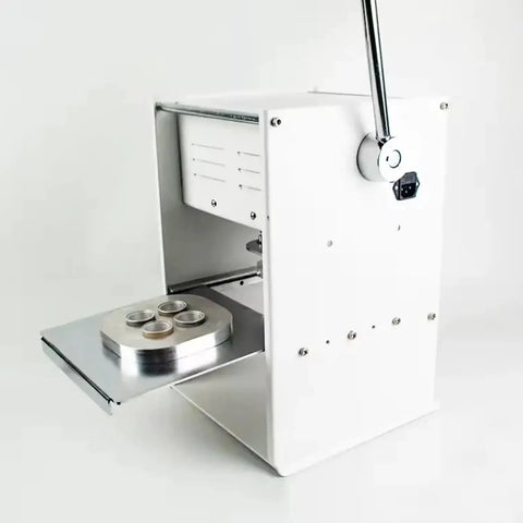 Side view of Manual Cup Sealing Machine For Coffee Capsules Commercial Heat Sealing Seaming Capping Unit, showing 6-hole tray.
