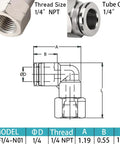 Diagram and close-up of a Stainless Steel Pneumatic Female Elbow Push To Connect Fitting, 90 Degree NPT Air Line Quick Connector, 1/4 Inch.