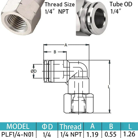 Diagram and close-up of a Stainless Steel Pneumatic Female Elbow Push To Connect Fitting, 90 Degree NPT Air Line Quick Connector, 1/4 Inch.