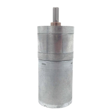 Top Tier 25 Gauge Geared Motor DC 6V 12V 24V Electric Gearbox showing metallic body and output shaft for robotics.