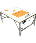 Built Tough Foldable Woodworking Workbench With Thick Plywood Surface And Rust Proof Steel Frame Compact Saw Station For Weekend Warriors And Master Carpenters, features orange insert and adjustable arm.