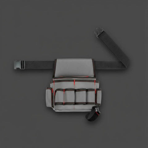 Rig Ready Waterproof Oxford Canvas Tool Belt Waist Pack With Slick Adjustable Strap And Killer Storage Loops Hella Comfortable For Electricians Crushing It On Site, gray with red accents.