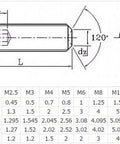Technical drawing showing measurements for 10 Piece M12 X 1.25 Fine Pitch 25mm Cup Point Grub Screws With Hex Socket Allen Key Set.